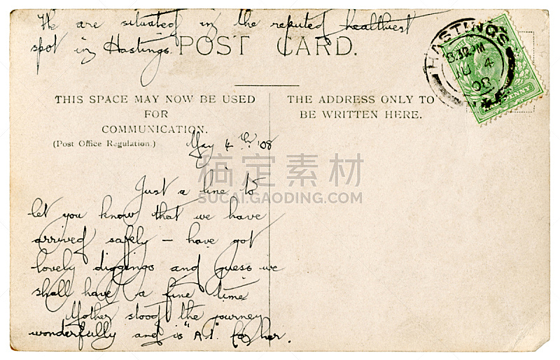 1908,黑斯廷斯,明信片,爱德华七世,爱德华七世时代风格,20世纪风格,苏塞克斯,邮戳,古董,水平画幅