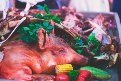 肉,烤的,蔬菜,鸡,盘子,猪,餐馆,火腿,动物头,猪肉
