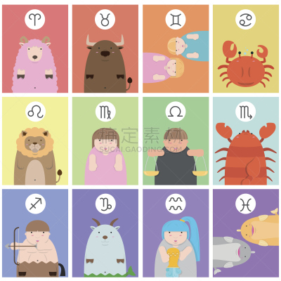 数字12,可爱的,卡通,巨大的,大块头,双子座,室女座,射手座,双鱼座,天蝎座