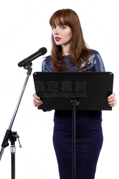演说家,神经质地发抖,白色背景,女性,垂直画幅,讲师,麦克风,会议,新闻稿,商务研讨会