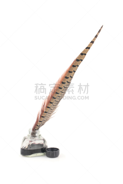 油墨缸,鹅毛笔,垂直画幅,书法,无人,古老的,墨水,古典式,白色背景,粗糙的