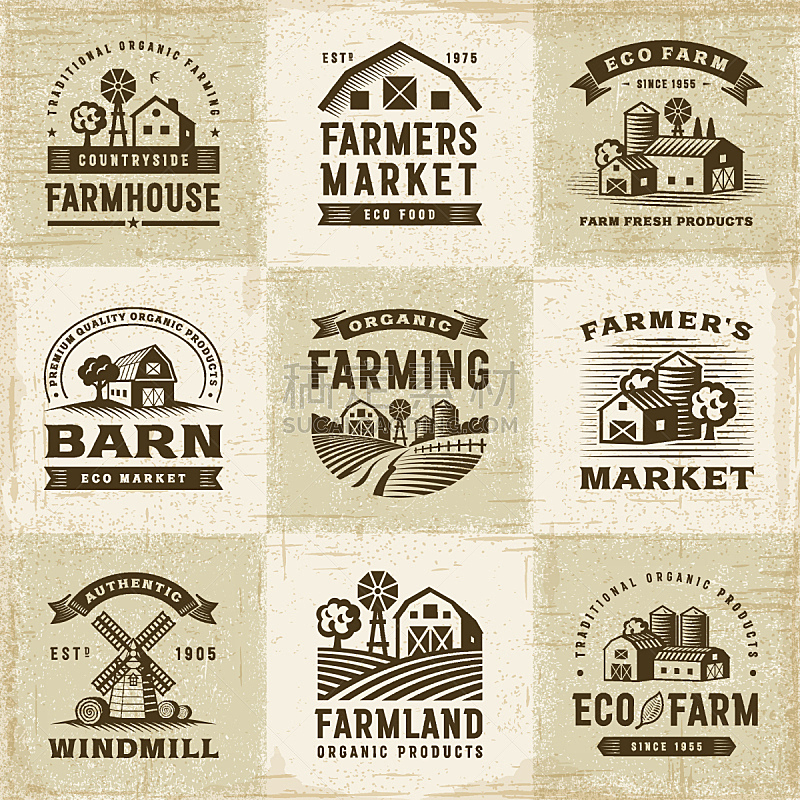 有机食品,标签,木版画,谷仓,筒仓,农场,农产品市场,干草,干草卷,风车