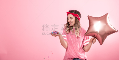 女孩,粉色,乐趣,t恤,五彩纸屑,粉色背景,气球,事件,球