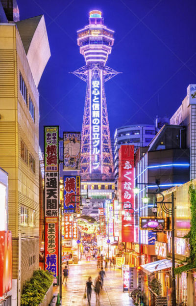 大阪府,新世界区,塔,居住区,通天阁,日本,霓虹色,垂直画幅,夜晚,当地著名景点