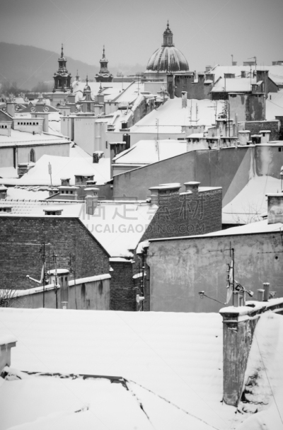 波兰,雪,屋顶,城市,欧洲,克拉科夫,黑白图片,航拍视角,摄影