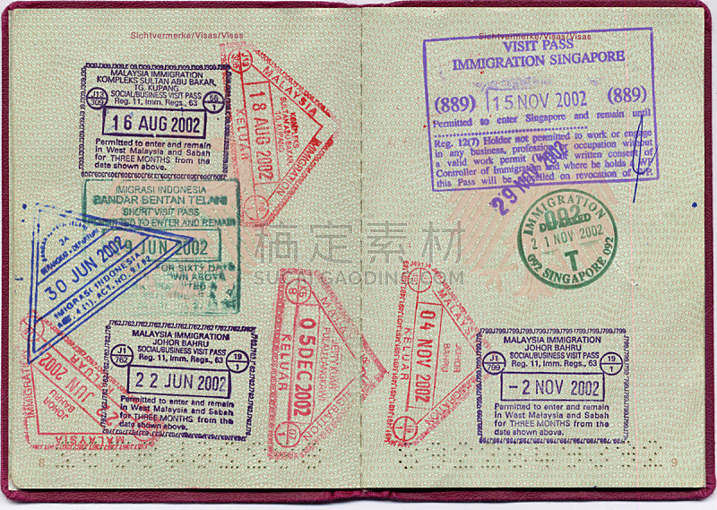 护照印章,边框,水平画幅,新加坡,无人,职权,偏远的,异国情调,马来西亚,泰国