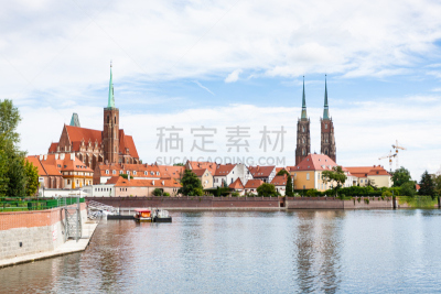 弗罗克劳,大教堂,都市风景,holy cross church,昔烈西亚,观光船,河堤,码头周围,九月,中世纪时代