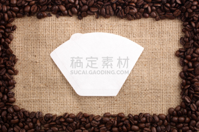 咖啡滤纸,剑麻,烤咖啡豆,留白,褐色,边框,水平画幅,无人,正上方视角,白色