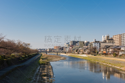鸭川,京都府,日本,都市风景,近畿区域,天空,水平画幅,无人,古老的,户外