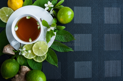 生姜,柠檬,黑色,草本,茶,背景,看风景,高视角,白色,茉莉茶
