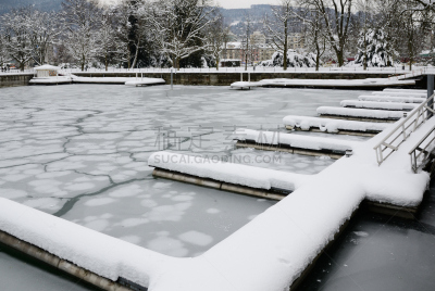 码头,湖,冻结的,空的,平衡折角灯,公园,宁静,湖岸,水平画幅,雪