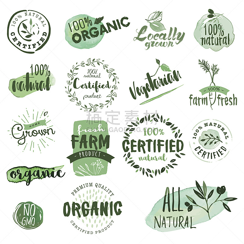 有机食品,证章,营养成分标签,环境保护,水彩颜料,转基因,无谷蛋白,绘画作品,素食,绘画插图