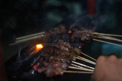 格子烤肉,沙嗲,肉,煤,食品,超级市场,街道,小贩,水平画幅,夜晚
