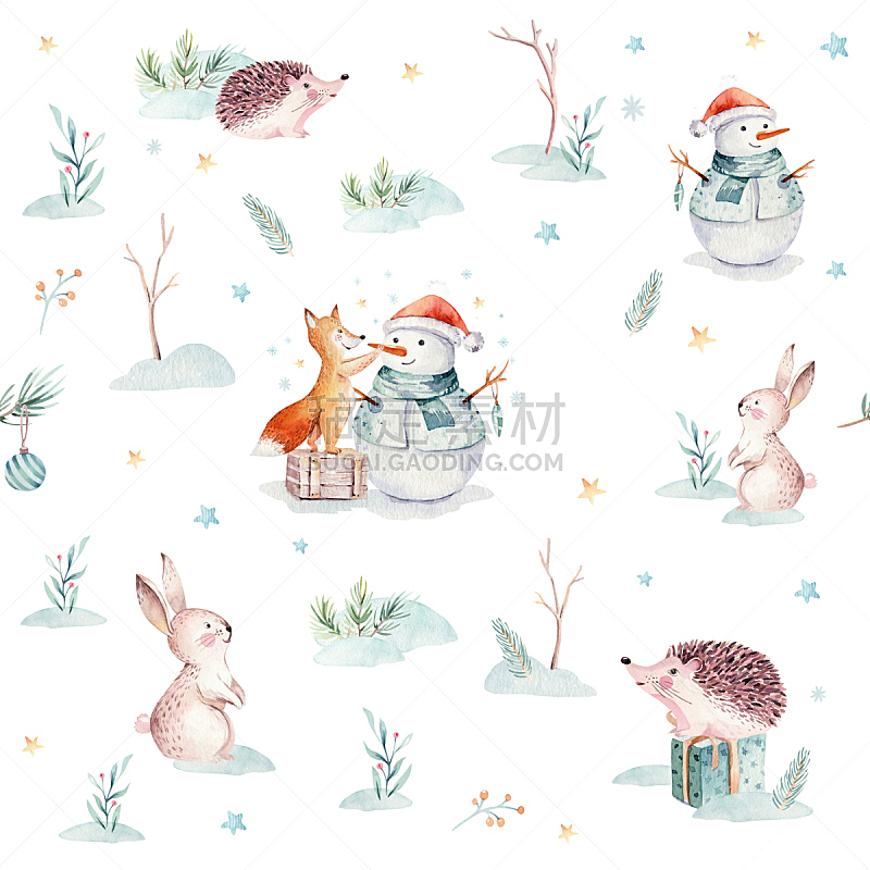 动物,兔子,圣诞树,冬天,雪人,可爱的,新年前夕,节日,礼物,纸