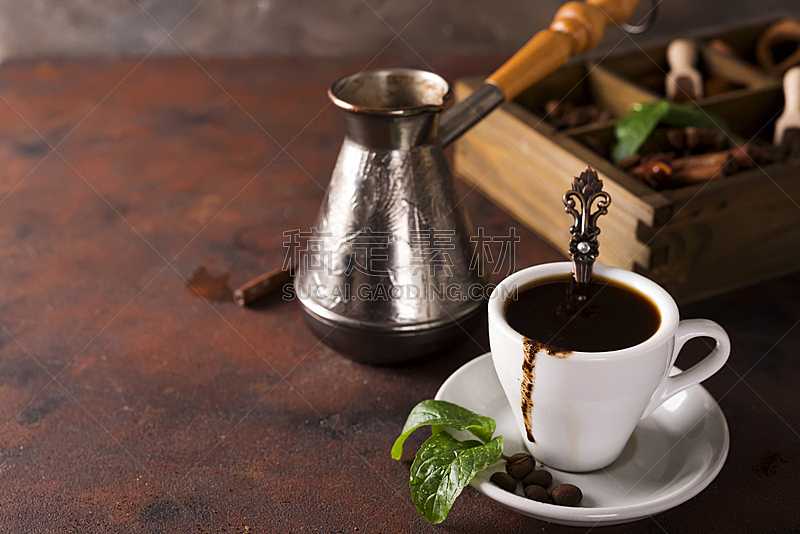 木制,咖啡,咖啡杯,背景,土耳其式咖啡壶,豆,仁,香料,盒子,石材