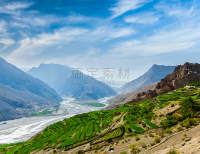 喜马拉雅山脉,毕底,山谷,河流,水平画幅,无人,户外,交通方式,田地,山