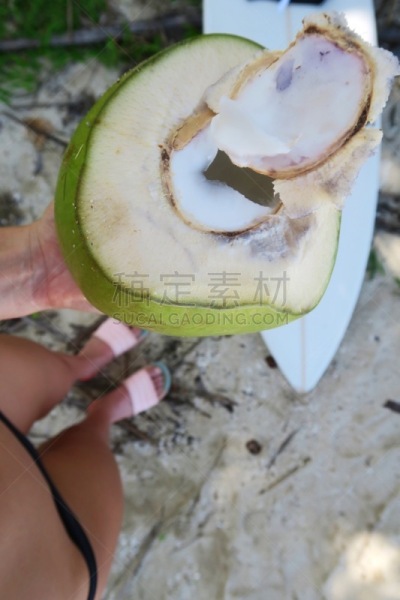 椰子,海滩,碾碎了的,垂直画幅,椰子树,生食,特写,彩色图片,塔娃依群岛