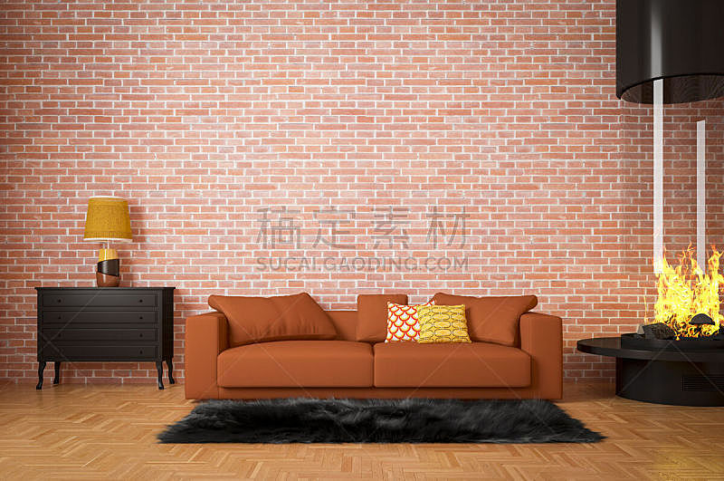 壁炉,起居室,舒服,高雅,双色,橙色,小毯子,扶手椅,镶花地板,复式楼
