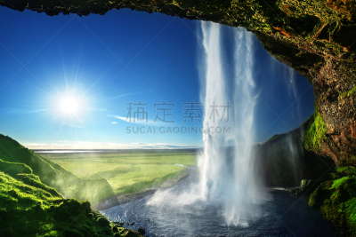 冰岛国,瀑布,夏天,seljalandsfoss waterfall,水,天空,能源,石材,草,高处