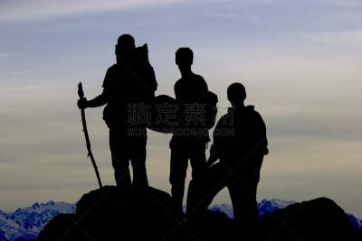 在上面,山,团队,顶部,儿童,人,少量人群,攀登,剪影,攀爬