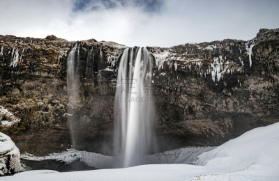seljalandsfoss waterfall,地形,自然美,水,美,水平画幅,雪,瀑布,无人,户外
