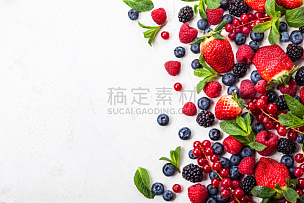 清新,浆果,水果,草莓,正上方视角,留白,水平画幅,黑刺莓,素食,无人