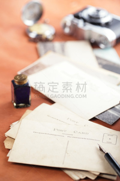 油墨缸,水笔,复古,吸墨纸,磨损的,牛皮,贺卡,边框,信函,背面视角