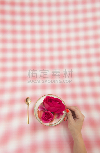 玫瑰,茶杯,手牵手,清新,尾戒,下午茶,粉色背景,垂直画幅,留白,无人