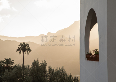 棕榈树,白色,背景,山,窗户,拱门,建筑体,植物群,天空,留白