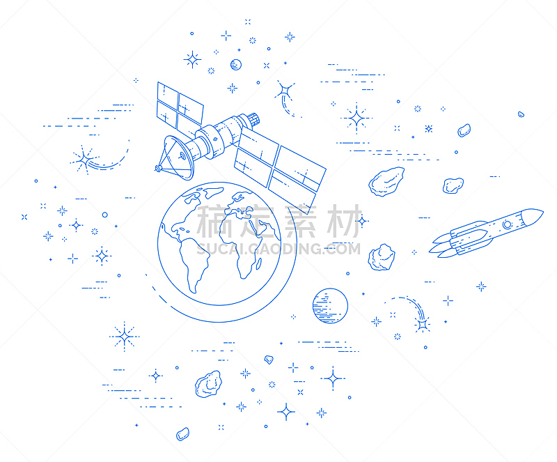 星星,火箭,矢量,无线电通信塔,全球通讯,卫星,太阳能电池板,椭圆形,飞