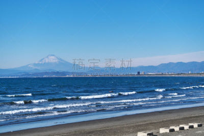 茅奇海滩,富士山,天空,水平画幅,平塚市,无人,日本,户外,茅崎,海洋