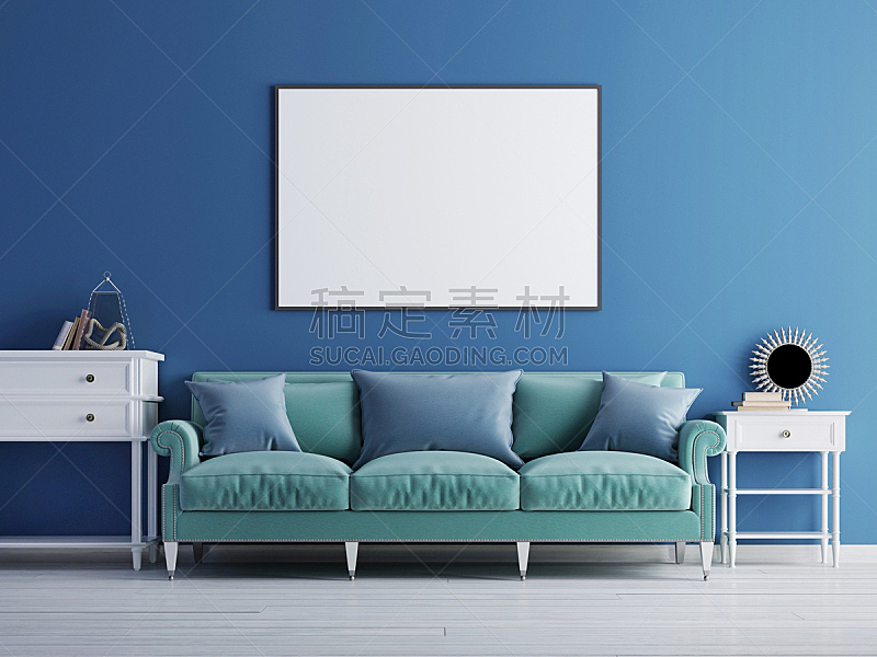 华贵,沙发,蓝色,起居室,简单,墙,公寓,空的,空白的