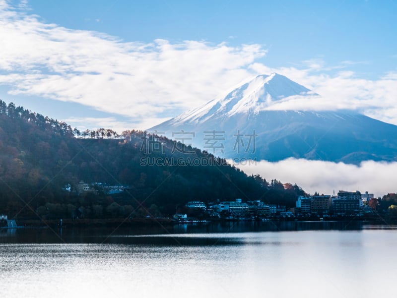 富士山,日本,河口湖,水,天空,美,里山,水平画幅,雪,无人