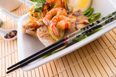 鱼类,蔬菜,虾,餐具,留白,胡瓜,水平画幅,素食,贻贝,开胃品