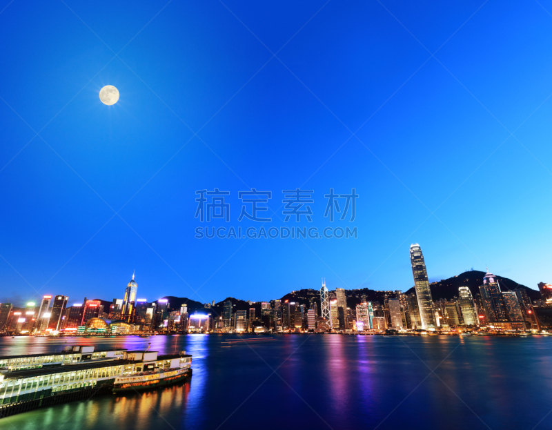 夜晚,月亮,汇丰银行,天星小轮,中环广场,尖沙咀,湾仔,维多利亚港,维多利亚港湾,钟