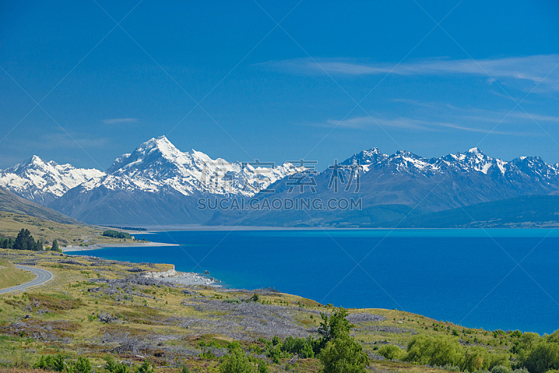 新西兰,山,地形,水,天空,美,水平画幅,云,雪,无人