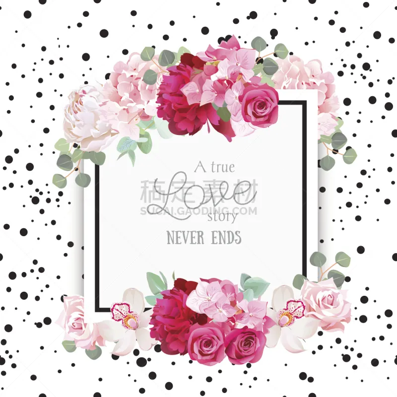 正方形 矢量 五彩纸屑 贺卡 背景 时尚 黑色 式样 玫瑰 八仙花属图片素材下载 稿定素材