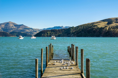 akaroa,新西兰南岛,新西兰,栈桥码头,水,天空,美,水平画幅,无人