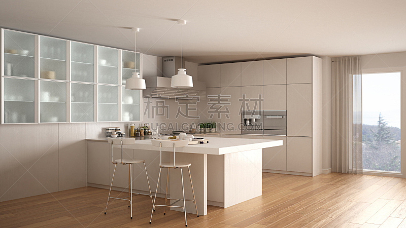 镶花地板,现代,白色,厨房,极简构图,室内设计师,简单,开放式设计,风管