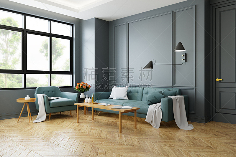 Vintage Modern  interior of living room, green sofa with wall lamp on  parguet flooring and dark gray wall  ,3d rendering