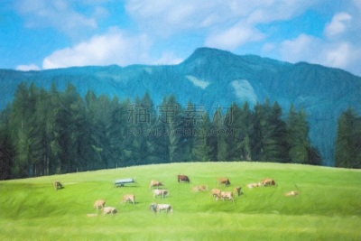 草图,绘画插图,水彩画,农业,水彩画颜料,云景,奥地利,草,涂料
