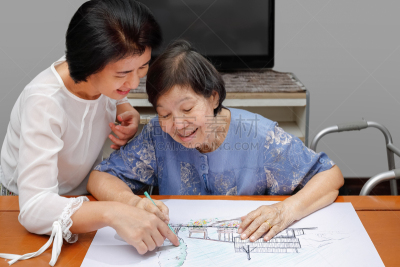 绘画插图,女儿,老年女人,业余爱好,家庭生活,彩色图片,艺术家,休闲活动,古老的,仅成年人