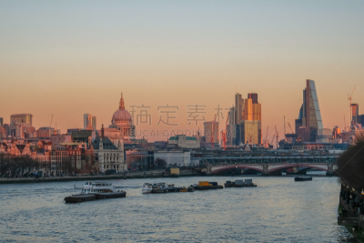 城市天际线,伦敦,滑铁卢桥,摄像机拍摄角度,伦敦肉类市场街122号,水,天空,水平画幅,橙色,无人