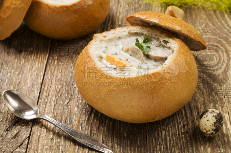 罗宋汤,面包,白色,波兰,香肠,鸡蛋,传统,餐具,复活节,煮食