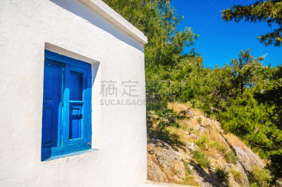窗户,蓝色,墙,木制,白色,克里特岛,水平画幅,凯法劳尼亚,无人