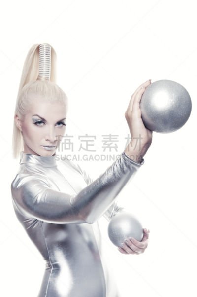 球体,女人,银,电子人,自然美,垂直画幅,美,未来,彩妆,美人