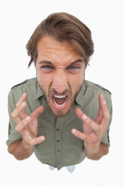 狂怒的,角度,男人,在上面,垂直画幅,络腮胡子,注视镜头,高视角,美人,衬衫
