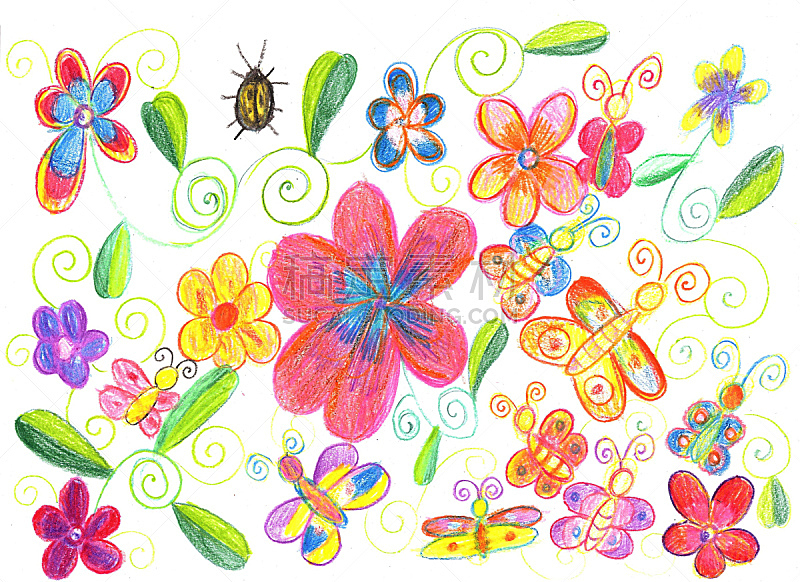 蝴蝶,瓢虫,儿童画,蜡笔,铅笔画,绘画插图,艺术,水平画幅,艺术品