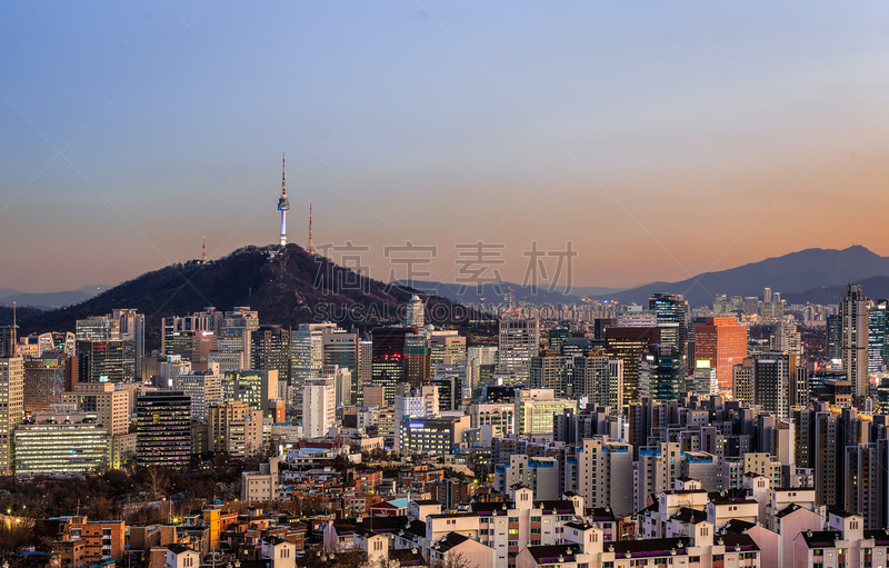 首尔,城市天际线,全景,南山塔,风景,天空,水平画幅,山,夜晚,曙暮光