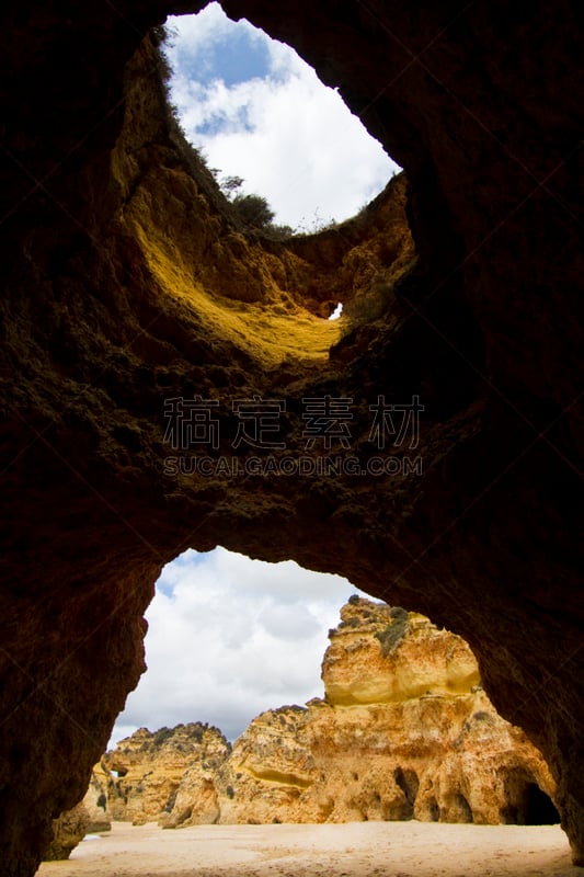 海滩,澳洲橄榄球锦标赛,沙河,阿尔加威,自然,垂直画幅,洞,岩石,无人,户外